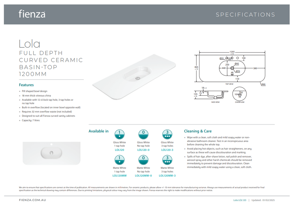 1200 Product Specification Information