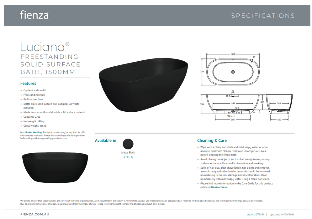 Product Specification Information (1500mm)