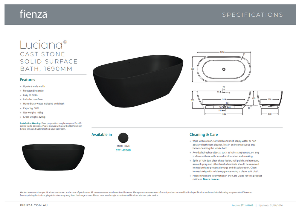 Product Specification Information (1690mm)
