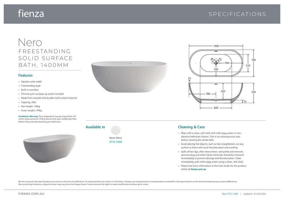 Product Specification Information (1400mm)
