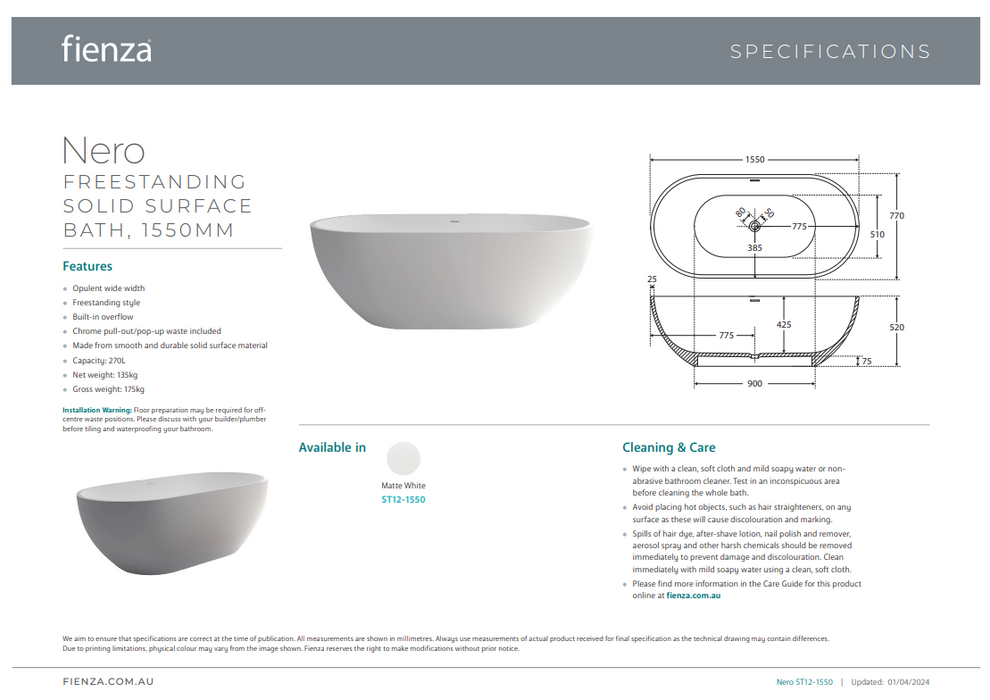Product Specification Information (1550mm)