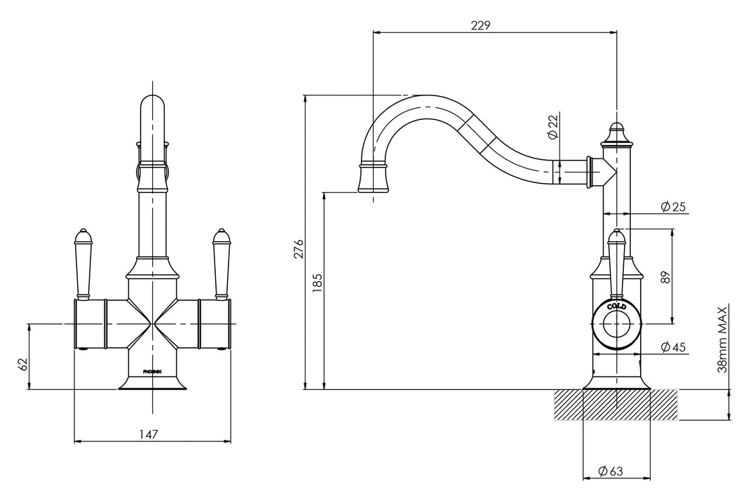 Nostalgia Twin Handle Sink Mixer 220mm Shepherds Crook (Chrome)
