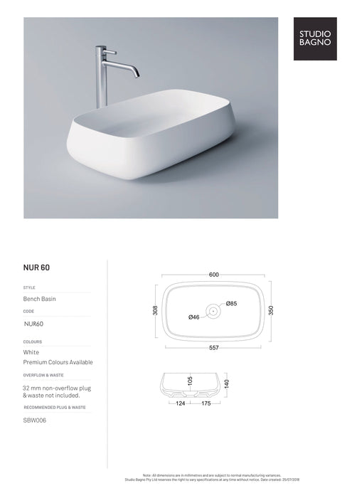 Nur 60 Above Counter Basin (Multiple Colours)