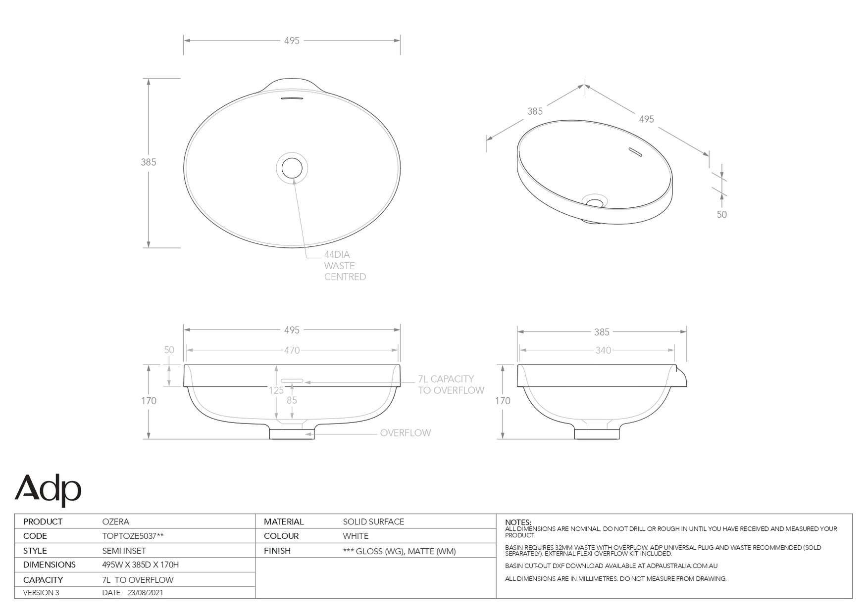 Adp Semi Inset ADP Ozera Semi Inset Basin (Gloss White & Matt White) — The Bathroom Biz