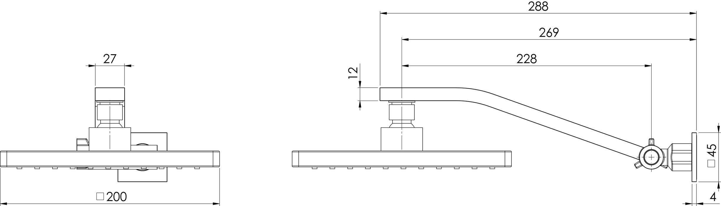 Lexi Universal Shower Arm & 200mm Square Rose (Chrome) (Line Drawing)