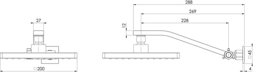 Lexi Universal Shower Arm & 200mm Square Rose (Chrome) (Line Drawing)