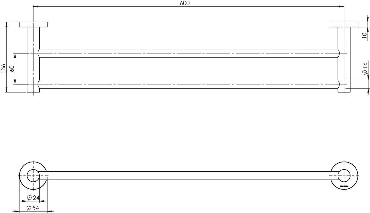 Radii Double Towel Rail 600mm (Round) (Chrome)