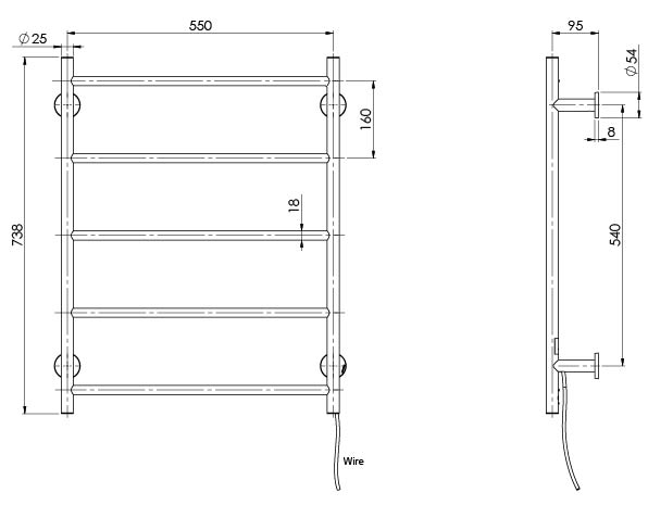 Radii Heated Towel Ladder 550 x 740mm (Round) (Line Drawing)