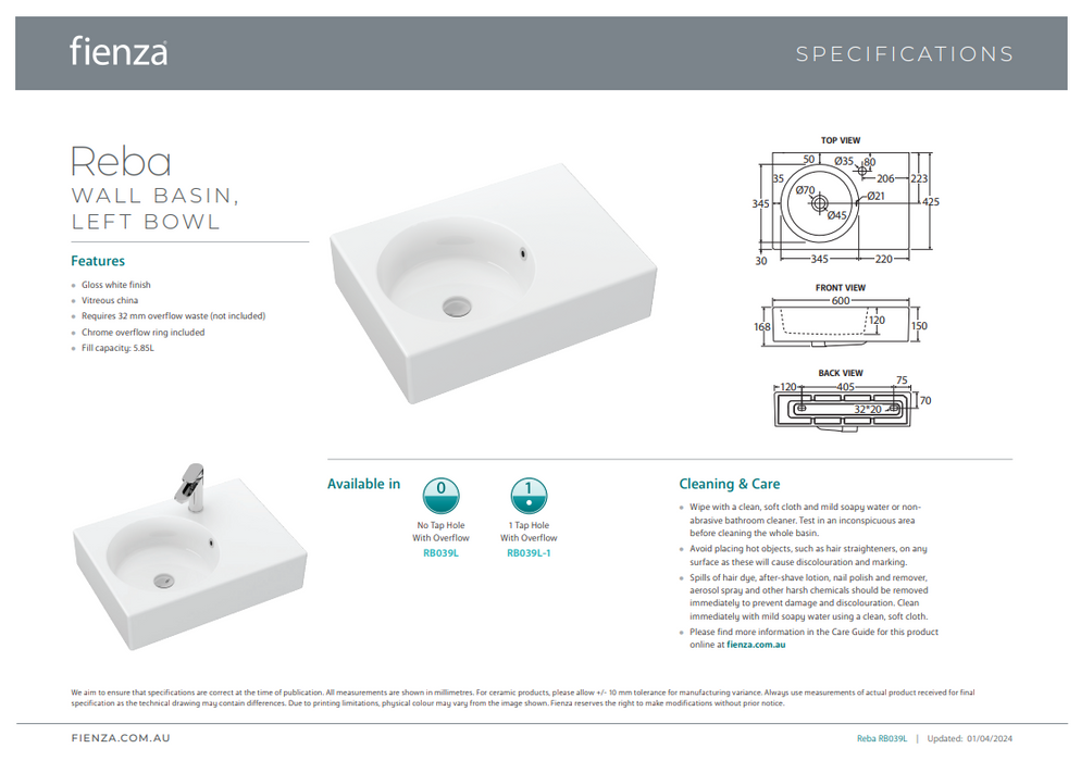 Product Specification Information Left