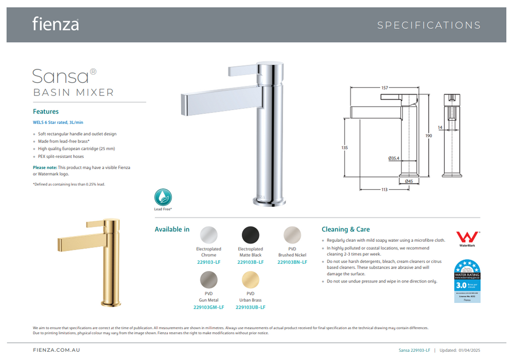 Product Specification Information - Short