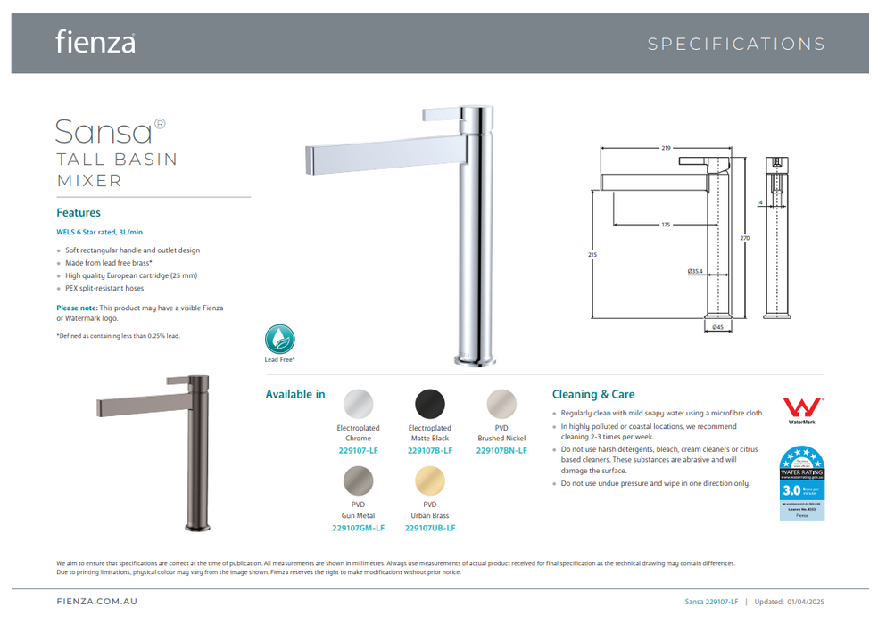 Product Specification Information - Tall