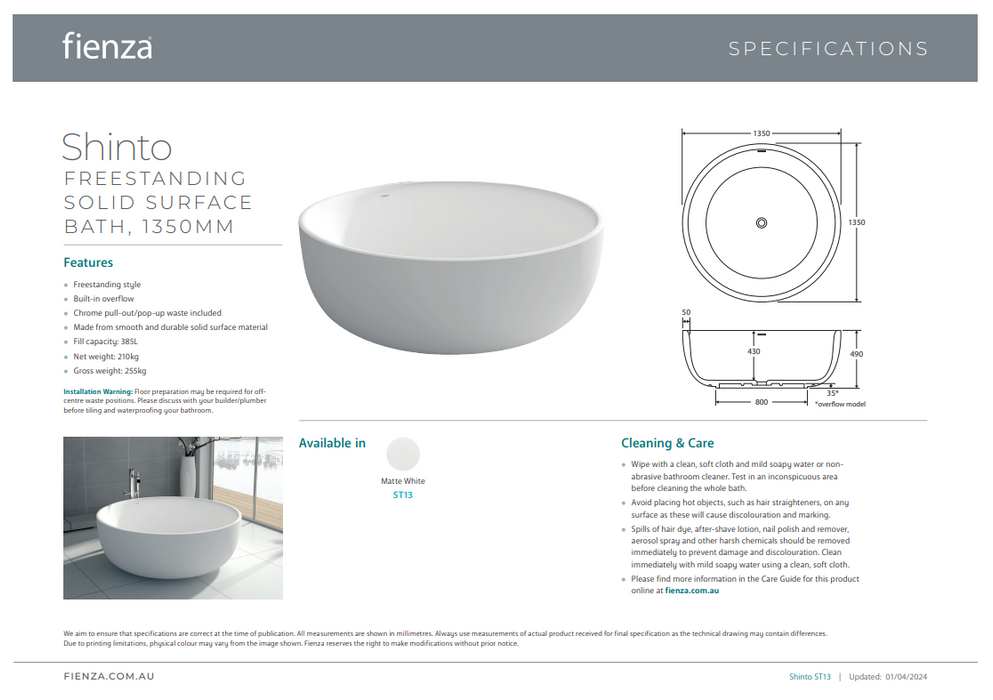 Product Specification Information 1350mm