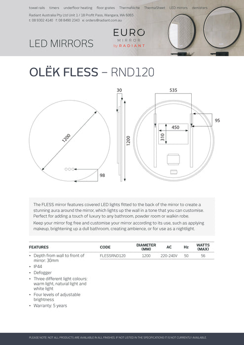Euro Mirror OLËK Frameless Round LED Mirror (Multiple Sizes)