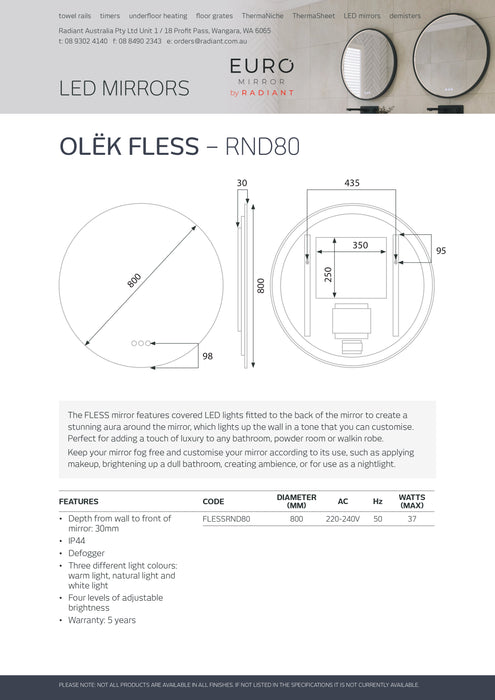 Euro Mirror OLËK Frameless Round LED Mirror (Multiple Sizes)