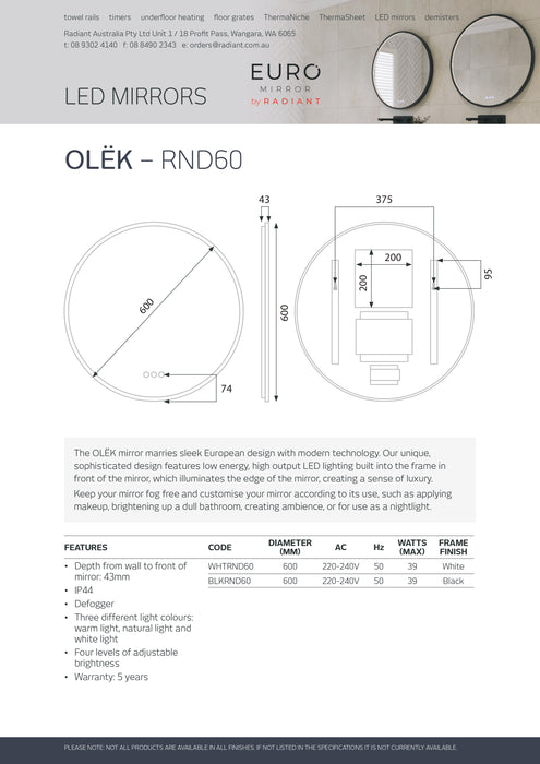 Euro Mirror OLËK Black Frame Round LED Mirror (Multiple Sizes)