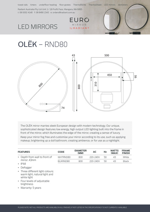 Euro Mirror OLËK Black Frame Round LED Mirror (Multiple Sizes)