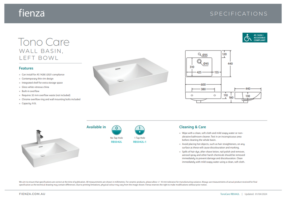 Product Specification Information - Left