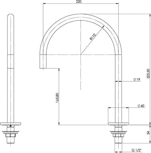 Vivid Slimline Hob Sink Outlet 220mm Gooseneck (Chrome) (Line Drawing)