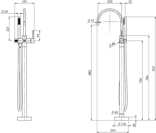 Vivid Slimline Floor Mounted Bath Mixer with Hand Shower (Line Drawing)
