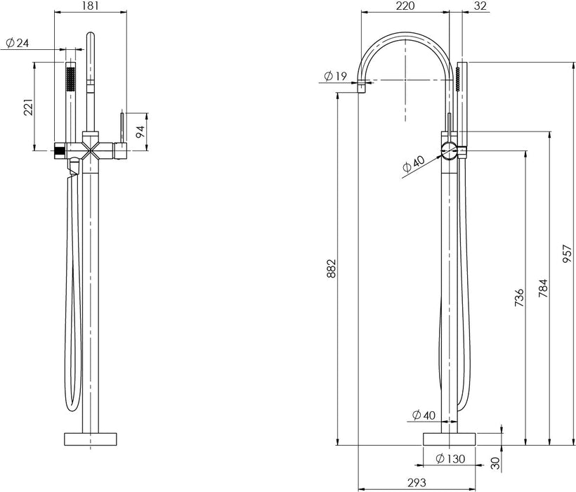 Vivid Slimline Floor Mounted Bath Mixer with Hand Shower (Line Drawing)