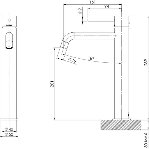 Vivid Slimline Vessel Mixer Curved Spout (Line Drawing)