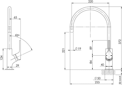 Vivid Slimline Oval Sink Mixer 220mm Gooseneck (Line Drawing)