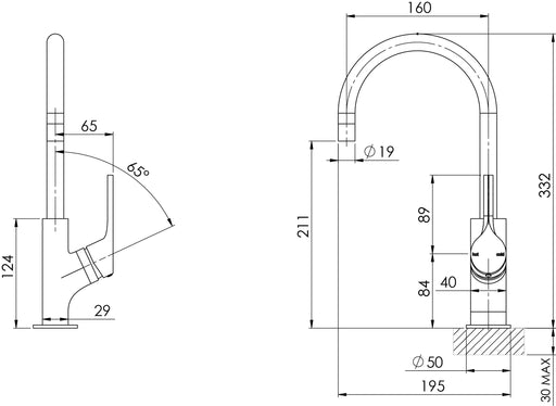 Vivid Slimline Oval Sink Mixer 160mm Gooseneck (Line Drawing)