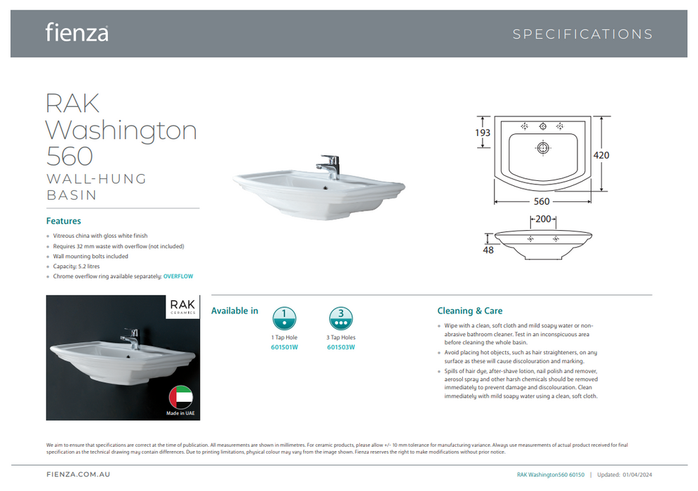Product Specification Information