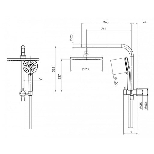 Vivid Slimline Compact Twin Shower (Matte Black) (Line Drawing)
