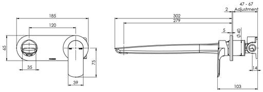 Subi Wall Bath Mixer Set 280mm (Chrome) (Line Drawing)