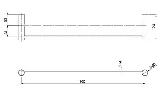 Vivid Slimline Double Towel Rail 600mm (Matte Black) (Line Drawing)
