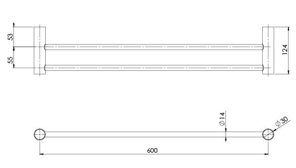 Vivid Slimline Double Towel Rail 600mm  (Line Drawing)