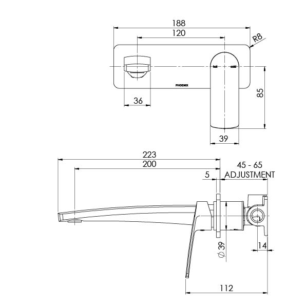 Mekko Wall Basin/Bath Mixer Set 200mm (Line Drawing)
