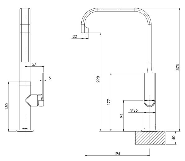 Teel Sink Mixer 200mm Squareline (Line Drawing)