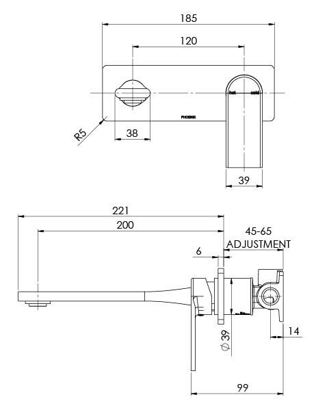 Teel Wall Basin/Bath Mixer Set 200mm (Line Drawing)