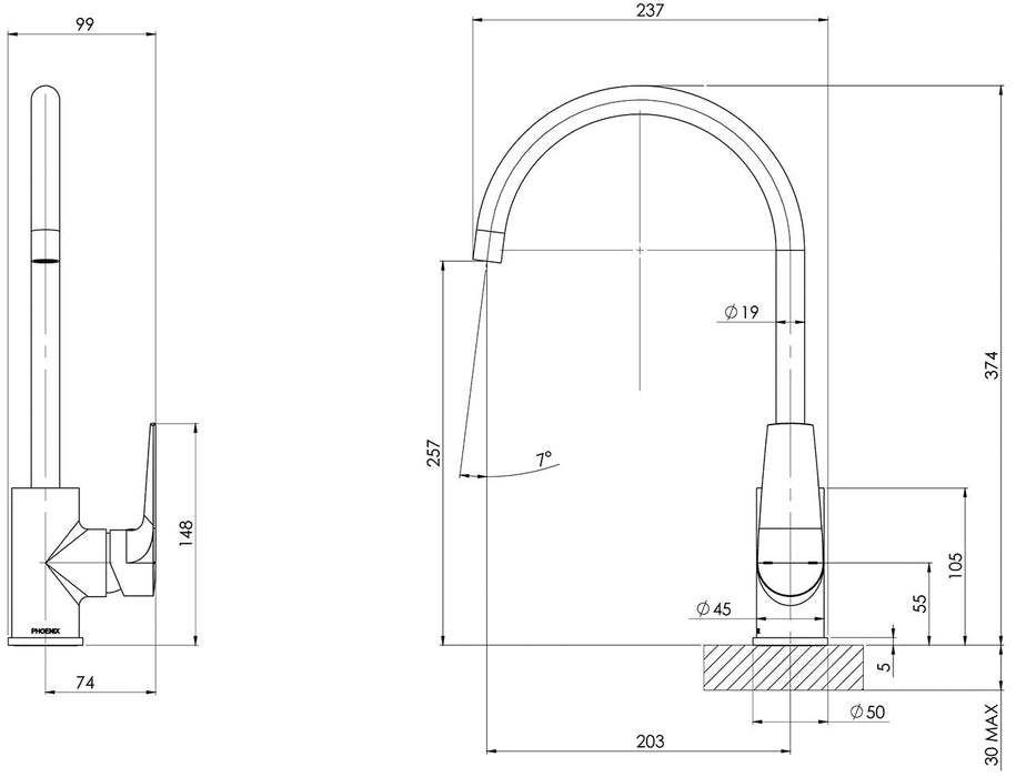 Arlo Sink Mixer 20mm Gooseneck (Matte Black) (Line Drawing)