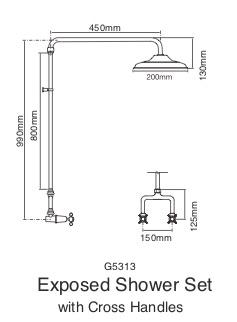 Bastow Georgian Exposed Shower Set 200mm Rose (Line Drawing)