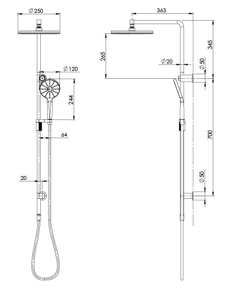 NX VIVE TWIN SHOWER (Line Drawing)