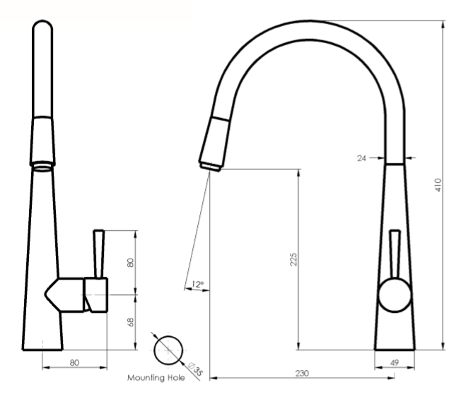ZEON Galiano Pull Down Sink Mixer Dual Function (Line Drawing)