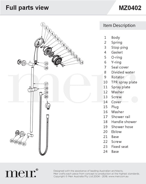 Meir Round Shower Column with Portable Hand Shower Full Parts View