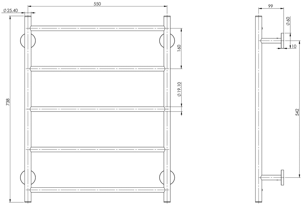 Radii Towel Ladder 550 x 740mm (Round) (Brushed Nickel)
