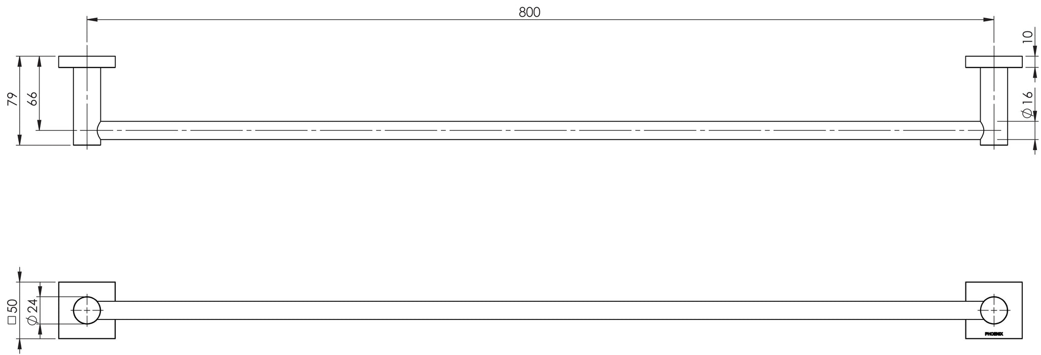 Radii Single Towel Rail 800mm (Square) (Chrome)