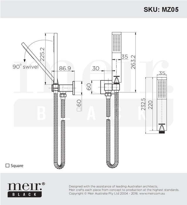 Meir Square Matte Black Portable Hand Shower on Bracket Line Drawing