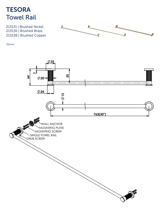 Reflect Single Towel Rail (Multiple Colour Options) - Greens Tapware