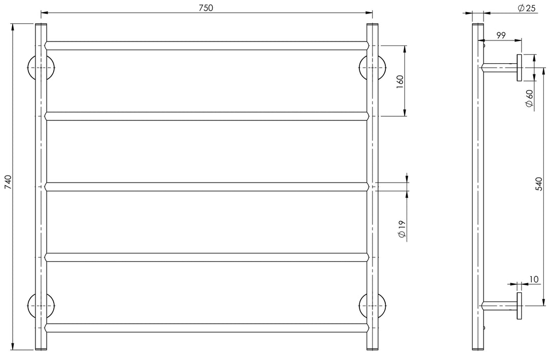 Radii Towel Ladder 750 x 740mm (Round) (Chrome)