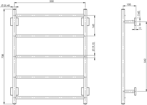 Radii Towel Ladder 550 x 740mm (Square) (Line Drawing)