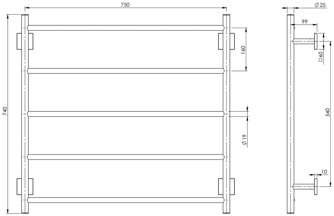 Radii Towel Ladder 750 x 740mm (Square) (Chrome)
