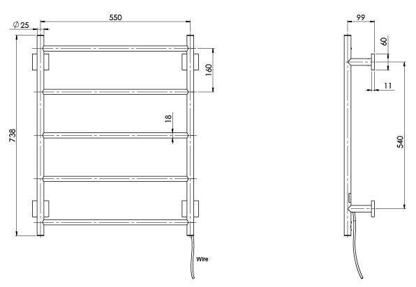 Radii Heated Towel Ladder 550 x 740mm (Square) (Line Drawing)