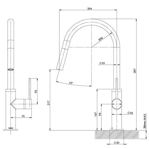 Vivid Slimline Pullout Sink Mixer (Line Drawing)