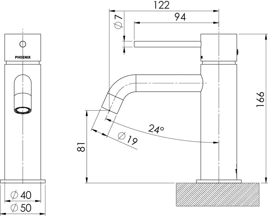 Vivid Slimline Basin Mixer Curved Outlet (Line Drawing)